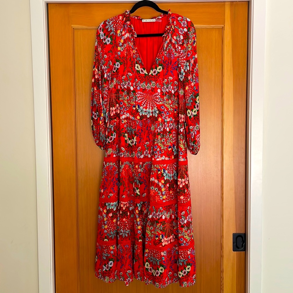 Alice + Olivia floral print on red tiered, long sleeve dress | size M